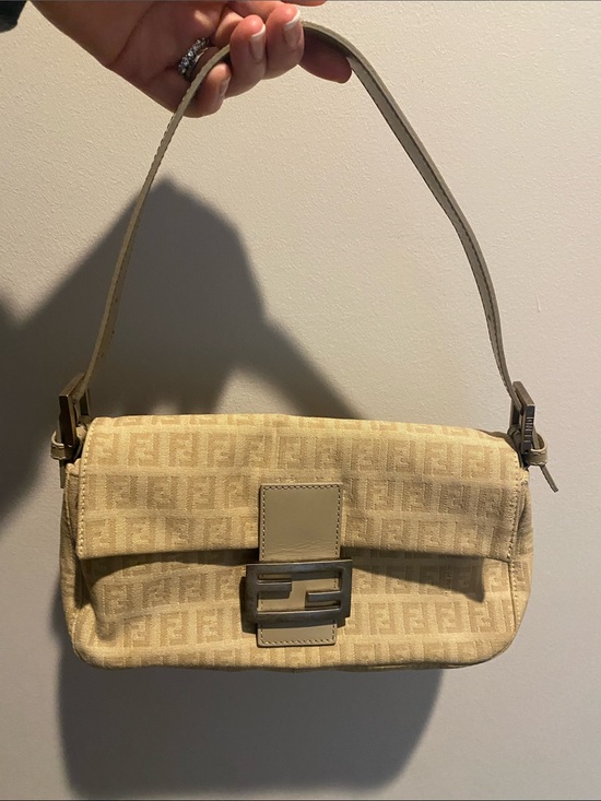 Fendi Handbags - Fendi Beige Monogram Baguette Shoulder Bag with FF Buckle Fendi baguette